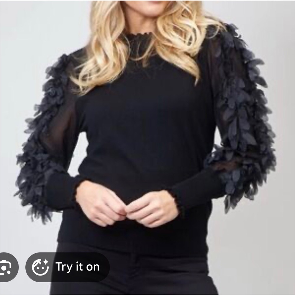 Sioni Black Ribbed Knit Top with Frilled Neckline Size M - Picture 1 of 8